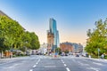 view to modern hotel Jumeirah and Esdchersheimer tower in Frankfurt, Germany