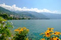 View to Montreux city from Geneva lake embankment at sunny summer day Royalty Free Stock Photo