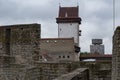 View to Narva castle from walls of Ivangorod forteress. Invangorod, Russia