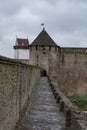 View to Narva castle from walls of Ivangorod forteress. Invangorod, Russia