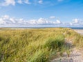 View to North Sea from dunes with marram grass and beach of nature reserve Boschplaat on Terschelling, Netherlands Royalty Free Stock Photo