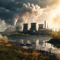 View to nuclear power plant producing electrical energy, industrial concept Royalty Free Stock Photo