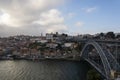 View to the old city of Porto with the D. Luis bridge and colorful buildings. cloudy sky