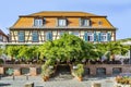 View to old half timbered historic restaurant in Buedingen with empty seats due to Corona Virus in Buedingen, Germany