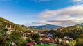 View to old medieval castle and beautiful autumnal valley, sunset, Foix Royalty Free Stock Photo