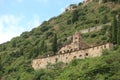 View to the Pantanassa Monastery surrounded by ruins of abandoned byzantine town Mystras, Greece