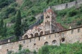 View to the Pantanassa Monastery surrounded by ruins of abandoned byzantine town Mystras, Greece