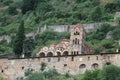 View to the Pantanassa Monastery surrounded by ruins of abandoned byzantine town Mystras, Greece