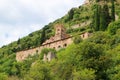 View to the Pantanassa Monastery surrounded by ruins of abandoned byzantine town Mystras, Greece