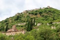 View to the Pantanassa Monastery surrounded by ruins of abandoned byzantine town Mystras, Greece