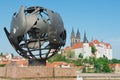 View to the peace sculpture with Albrechtsburg castle and Meissen cathedral at the background in Meissen, Germany.