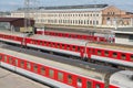 View to the railway station with ready to depart trains in Vilnius, Lithuania. Royalty Free Stock Photo