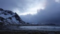 View to Ramsberg from Skagsanden beach in Flakstad on the Lofoten islands in winter at sunset