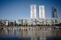 View to the real estate and skyscrapers of Puerto Madero district. Sailing yachts moored in Puerto Madero district in Buenos Aires Royalty Free Stock Photo