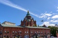 View to red brick Uspenski Cathedral standing on the rock