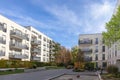 View to residential area with ecological and sustainable green residential buildings, low-energy houses with apartments and green