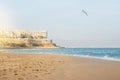 A view to a resort hotel building at the seashore, a seagull and Royalty Free Stock Photo