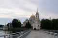 View to the road and entrance gate of Nilov Monastery on Stolobny Island, lake Seliger, Ostashkov, Russia Royalty Free Stock Photo