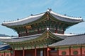 View to the roof of the entrance gate of the Gyeongbokgung Royal Palace in Seoul, Korea.