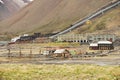 View to the ruined coal mine in the abandoned Russian arctic settlement Pyramiden, Norway.