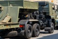 View to the Russian military green camouflage kamaz truck. Best army and civil heavy goods vehicle. Royalty Free Stock Photo