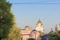 View to the russian orthodox church with golden roofs cupola and residential buildins in the distance, Khabarovsk, Russia Royalty Free Stock Photo