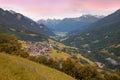 view to Saas village, Prattigau valley, alpine sunset landscape switzerland