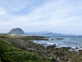 View to Sanbangsan Mountain from the coast of Jeju island. South Korea