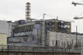 View to sarcophagus covering the damaged fourth reactor at the Chernobyl nuclear power plant, Ukraine. February 2015