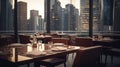 A View to Savor: Tables Set in a Classic Restaurant with Stunning Skyline Vistas, Generative AI