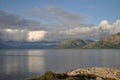 View to the sea and mountains in Torget island in BrÃÂ¸nnÃÂ¸y, Nordland on summer evening