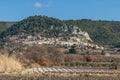 View to Seguret medieval village and grape rows, Provence