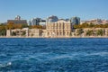 View to the shore of Bosforus strait on an early autumn day. Dolmabahce palace and residential buildings along the shore