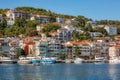 View to the shore of Bosforus strait in Istanbul, Turkey on an early autumn day. Residential buildings and ships along the shore