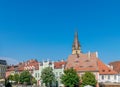 A view to the Sibiu little square and Lutheran Cathedral of Saint Mary in the Transylvania region, Romania Royalty Free Stock Photo