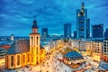 View to skyline of illuminated Frankfurt am Main during twilight sunset. St. Catherine`s Church and the Hauptwache Main Guard Royalty Free Stock Photo