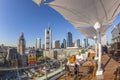 view to skyline with skyscraper in Frankfurt, Germany from a restaurant