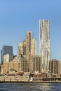 View to skyscraper General Motos building and Beekman tower in lower Manhattan. Beekman is 265 m high, General motors is 215 m