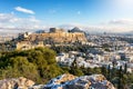 View to the snow covered Parthenon Temple at the Acropolis of Athens, Greece