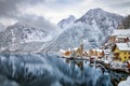 View to the snow covered village of Hallstatt in the Austrian Alps Royalty Free Stock Photo