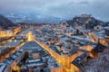 View to the snowy old town of Salzburg in Austria