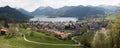 View to spa town schliersee, lake and mountains with budding trees