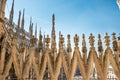 View to spires and statues on roof of Duomo in Milan Royalty Free Stock Photo