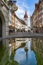 View to Spittelturm, a gate tower at the end of Marktgasse in old town Bremgarten, build in year 1556