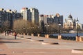 View to St. Pokrovskiy Cathedral Intercession and apartment buildings on Obolon embankment in Kyiv, Ukraine. March 2020