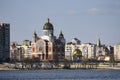 View to St. Pokrovskiy Cathedral Intercession and apartment buildings on Obolon embankment in Kyiv, Ukraine. March 2020