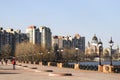 View to St. Pokrovskiy Cathedral Intercession and apartment buildings on Obolon embankment in Kyiv, Ukraine. March 2020