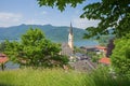 View to St. Sixtus Church, spa town Schliersee, lake and mountains upper bavaria