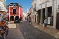 View to the street with historical buildings in downtown Lagos, Portugal. Royalty Free Stock Photo