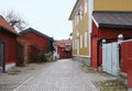 The view to the street in the old district of Vasteras city Royalty Free Stock Photo